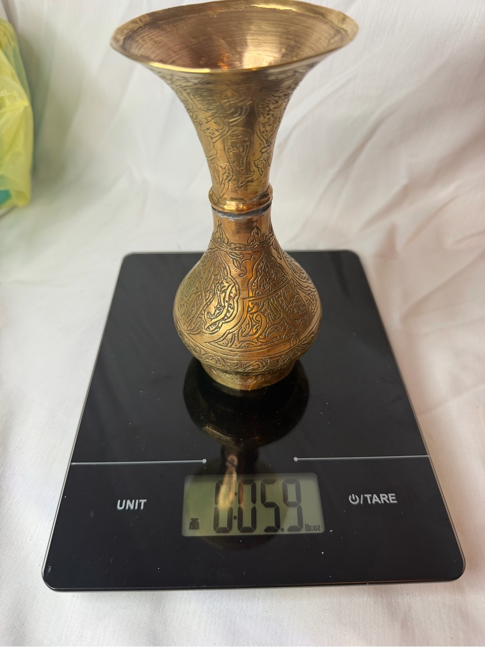 Vintage Etched Brass Trumpet Vase – Middle Eastern Floral & Calligraphy Style - Picture 7 of 9